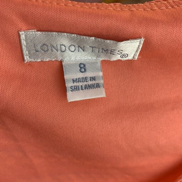 London Times Dress Maxi Midi V-neck 8 M Orange Pink elastic waist lace stretch - Picture 4 of 16